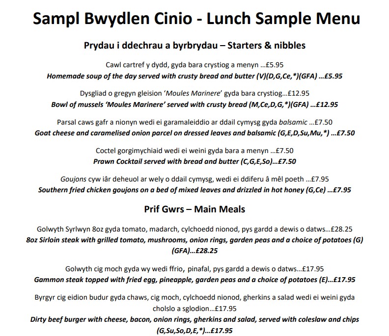 bwydlen cinio